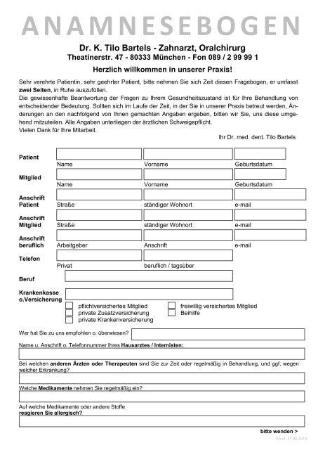 ANAMNESEBOGEN - Dr.med. dent. Tilo Bartels Zahnarzt