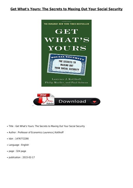 [PDF] Get What&#039;s Yours The Secrets to Maxing Out Your Social Security Full ePub