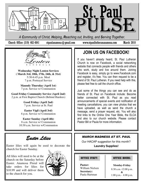 March 2010 Newsletter - St. Paul Lutheran Church - Anamosa, Iowa
