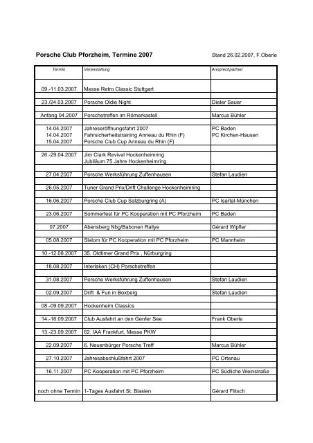 PCP Termine 2007 - Porsche Club Pforzheim eV