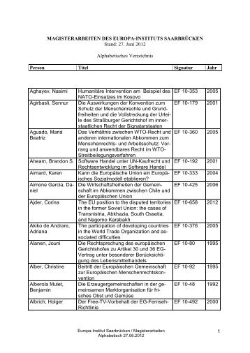 Alphabetische Liste der Magisterarbeiten - am Europa-Institut der ...