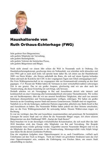 Haushaltsrede von Ruth Orthaus-Echterhage (FWG)