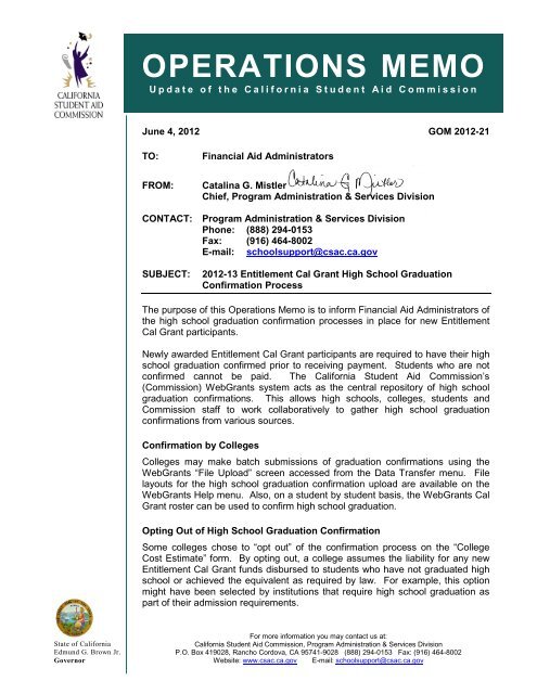 operations memo - CSAC California Student Aid Commission - State ...