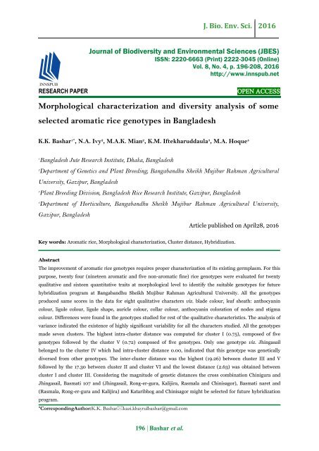 Morphological characterization and diversity analysis of some selected aromatic rice genotypes in Bangladesh