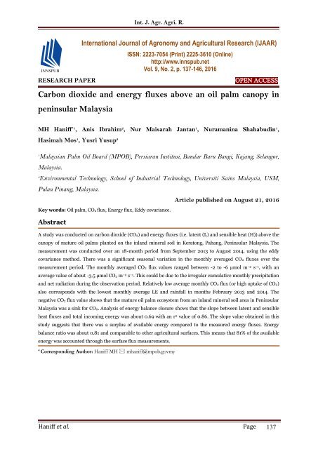 Carbon dioxide and energy fluxes above an oil palm canopy in peninsular Malaysia || IJAAR - V9N2-P137-46