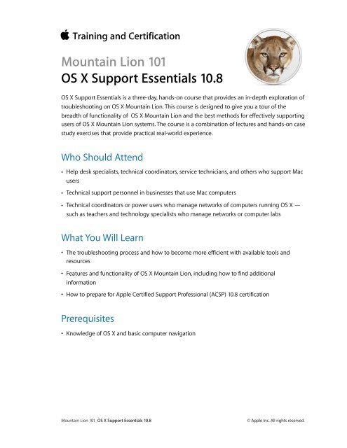 Mountain Lion 101 Os X Support Essentials 10 8 Training Apple