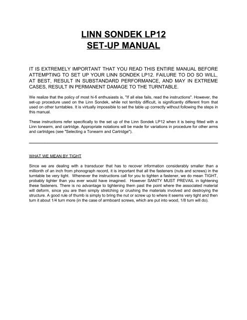 Linn Sondek Lp12 Set Up Manual