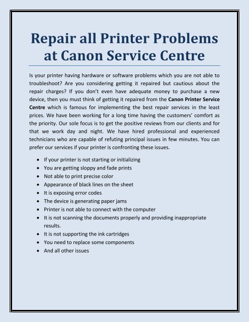 Repair all Printer Problems at Canon Service Centre