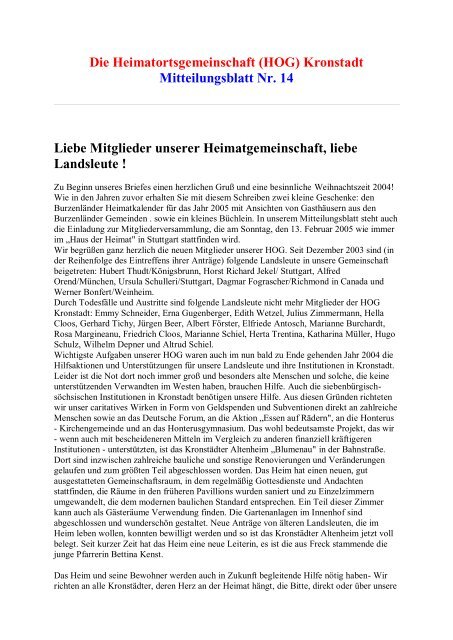 (HOG) Kronstadt Mitteilungsblatt Nr. 14 Liebe Mitglieder unserer ...