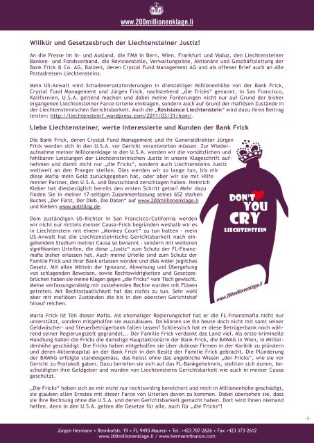 Offentlicher Brief Zur Causa Bank Frick Der Jurgen Hermann