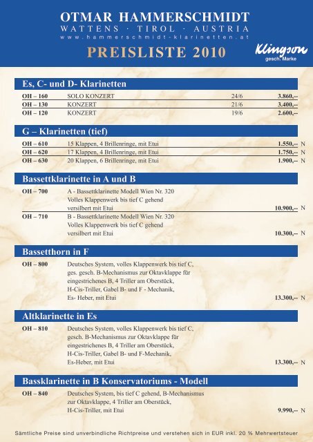 PREISlISTE 2010 - Otmar Hammerschmidt Klarinetten