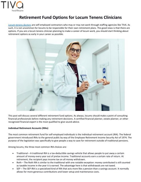 Retirement Fund Options for Locum Tenens Clinicians