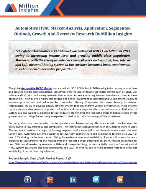 Automotive HVAC Market Analysis, Application, Growth, Segmented Outlook And Overview Research By Million Insights