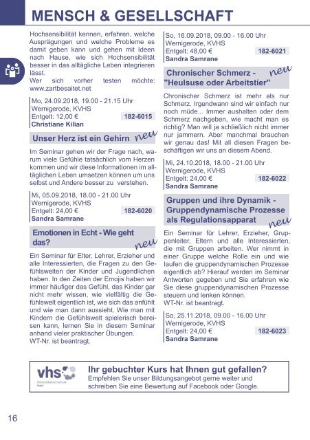 Kursprogramm für das Herbstsemester 2018 - Kreisvolkshochschule Harz
