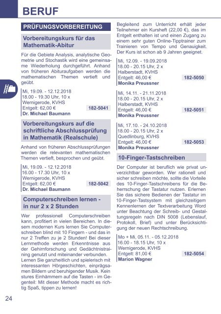 Kursprogramm für das Herbstsemester 2018 - Kreisvolkshochschule Harz