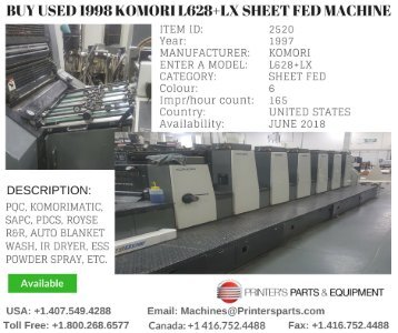 Buy Used 1998 Komori L628+LX Sheet Fed Machine