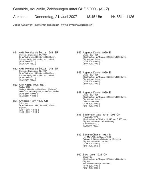 Kunst Auktion 19. - 21. Juni  2007, Germann Auktionshaus, Zürich