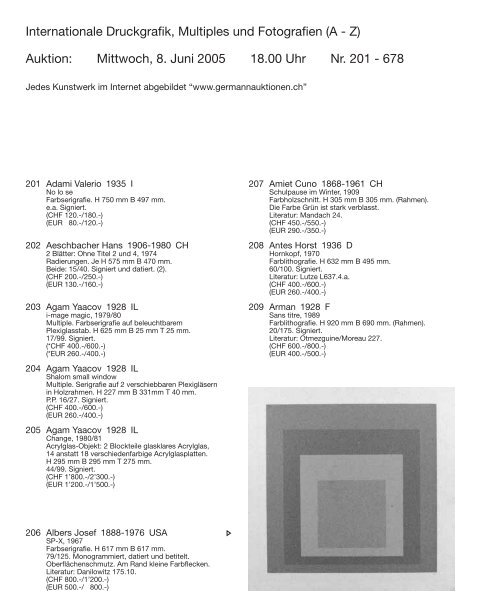 Kunst Auktion 7. - 9. Juni 2005, Germann Auktionshaus, Zürich