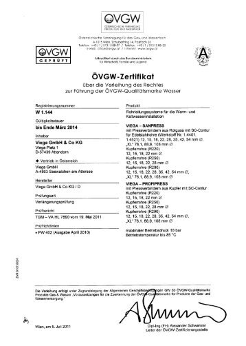 ÖVGW-Zertifikat Profipress Sanpress W 1.144 - Viega