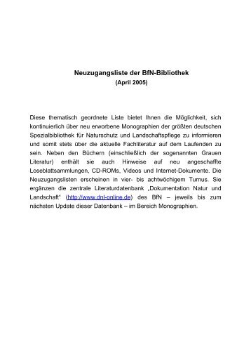 Neuzugangsliste der BfN-Bibliothek - Bundesamt für Naturschutz