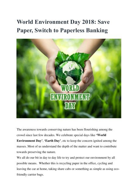 World Environment Day 2018 Save Paper, Switch to Paperless Banking