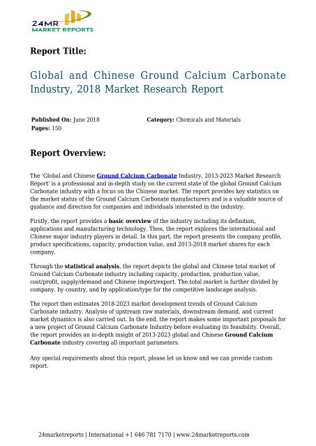 Ground Calcium Carbonate Industry, 2018 Market Research Report