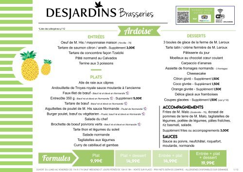 Carte brasserie du 06 au 26 juin 2018