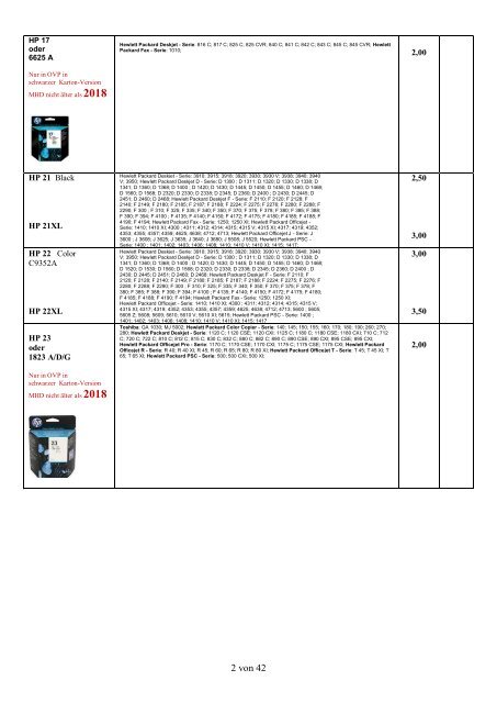 Ankaufliste Preisliste Ankauf volle Toner Tintenpatronen Druckerpatronen Juni 2018