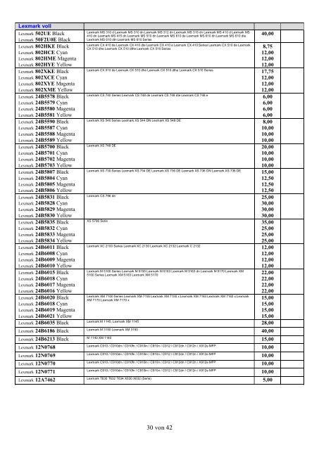 Ankaufliste Preisliste Ankauf volle Toner Tintenpatronen Druckerpatronen Juni 2018