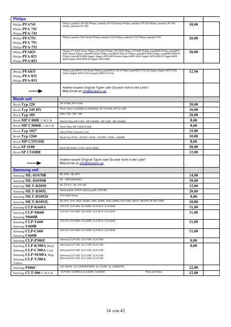 Ankaufliste Preisliste Ankauf volle Toner Tintenpatronen Druckerpatronen Juni 2018