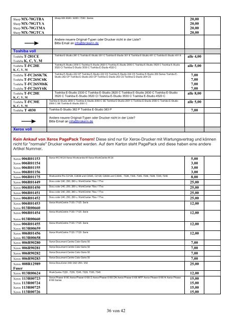 Ankaufliste Preisliste Ankauf volle Toner Tintenpatronen Druckerpatronen Juni 2018