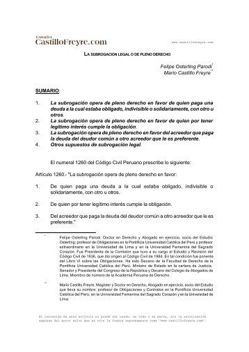 "La Subrogación Legal o de Pleno Derecho" (en - Estudio Castillo ...