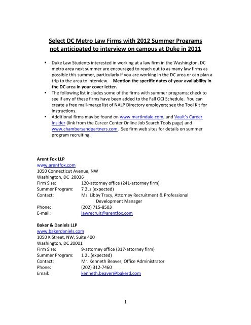Select Dc Metro Law Firms With 2012 Summer Programs Not