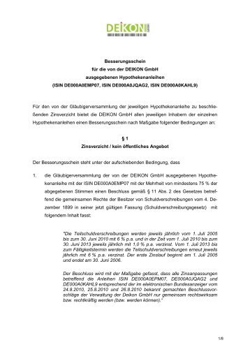 Besserungsschein Für Die Von Der DEIKON GmbH Ausgegebenen