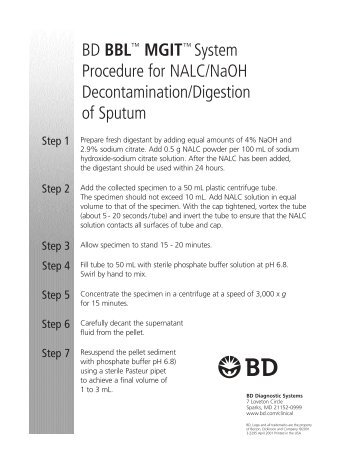 BD BBL™ MGIT™ System Procedure for NALC/NaOH ...