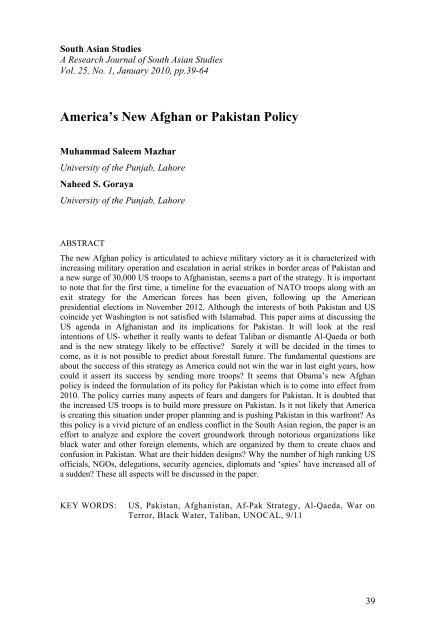 America's New Afghan or Pakistan Policy - University of the Punjab