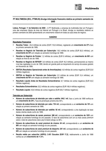 PT Multimédia, SGPS, S.A., informa resultados semestrais - CMVM