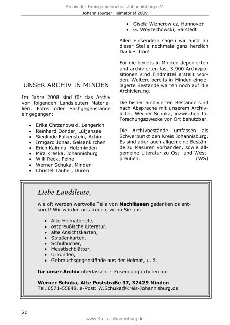 Johannisburger Heimatbrief 2009 - Familienforschung Sczuka