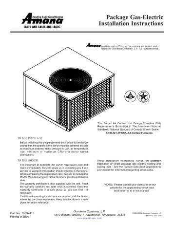 Package Gas-Electric Installation Instructions - Johnstone Supply