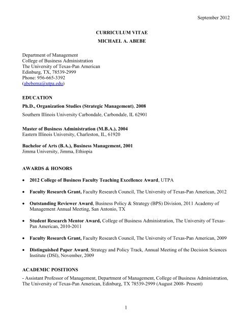 curriculum vitae - UTPA Faculty Web - The University of Texas-Pan ...