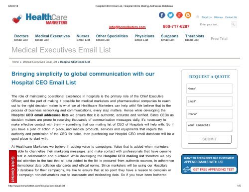 Hospital CEO Mailing Addresses - Healthcare Marketers