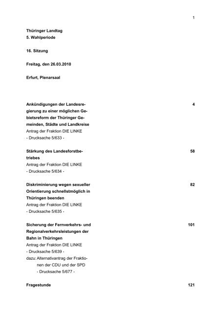 1 Thüringer Landtag 5. Wahlperiode 16. Sitzung Freitag, den 26.03 ...