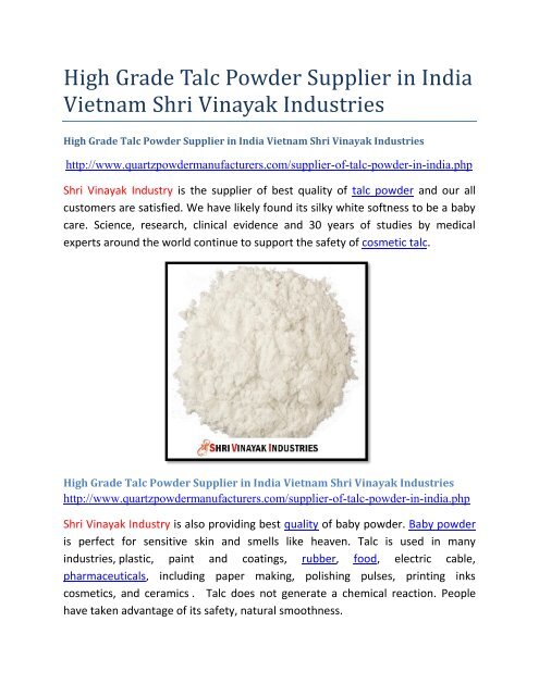 High Grade Talc Powder Supplier in India Shri Vinayak Industries