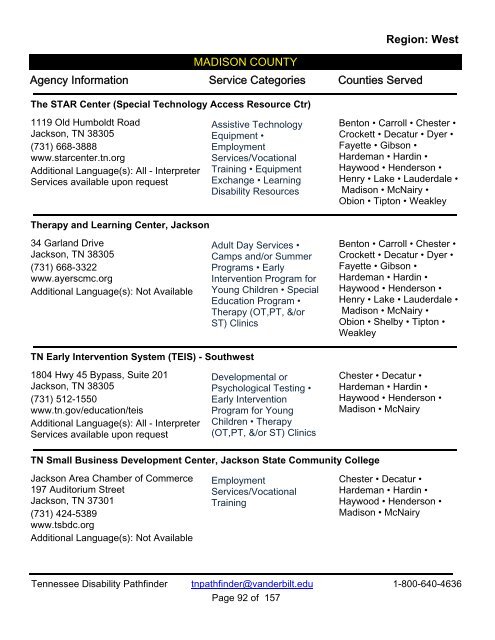 Tennessee Disability Pathfinder Directory-Region: West - Vanderbilt ...