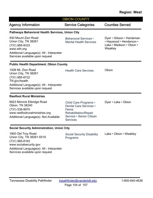 Tennessee Disability Pathfinder Directory-Region: West - Vanderbilt ...