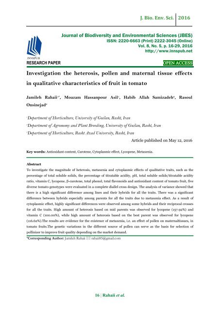 Investigation the heterosis, pollen and maternal tissue effects in qualitative characteristics of fruit in tomato