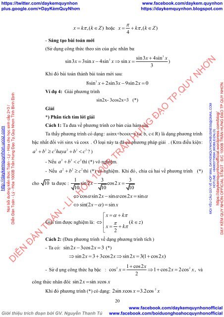 PREVIEW RÈN LUYỆN KỸ NĂNG PHÂN TÍCH GIẢI MỘT SỐ PHƯƠNG TRÌNH LƯỢNG GIÁC LỚP 11-THPT (2018)