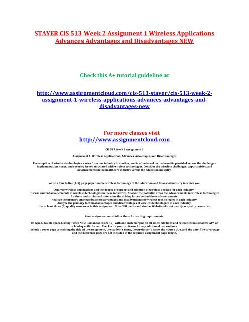 STAYER CIS 513 Week 2 Assignment 1 Wireless Applications Advances Advantages and Disadvantages NEW