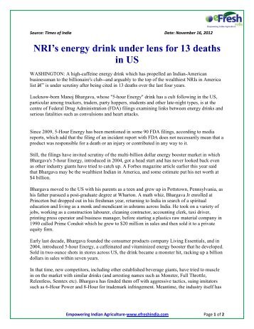 NRI's energy drink under lens for 13 deaths in US - Efresh India