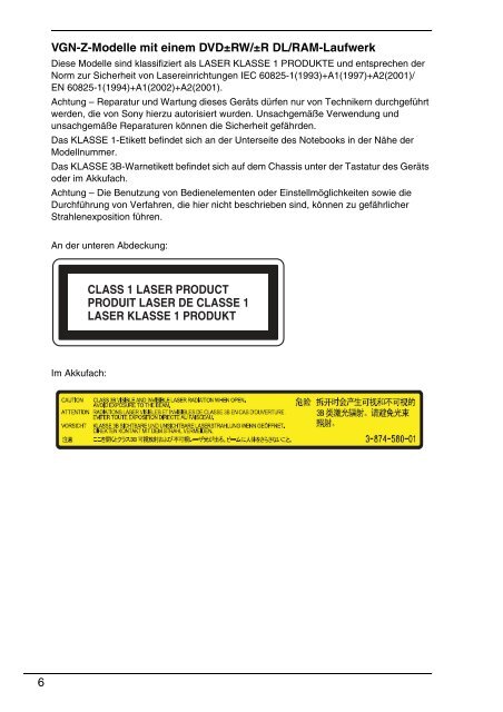 Sony VGN-BZ26V - VGN-BZ26V Documents de garantie Allemand